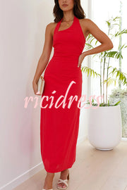 Solid Color Sleeveless Halter Neck Backless Slim Fit Maxi Dress