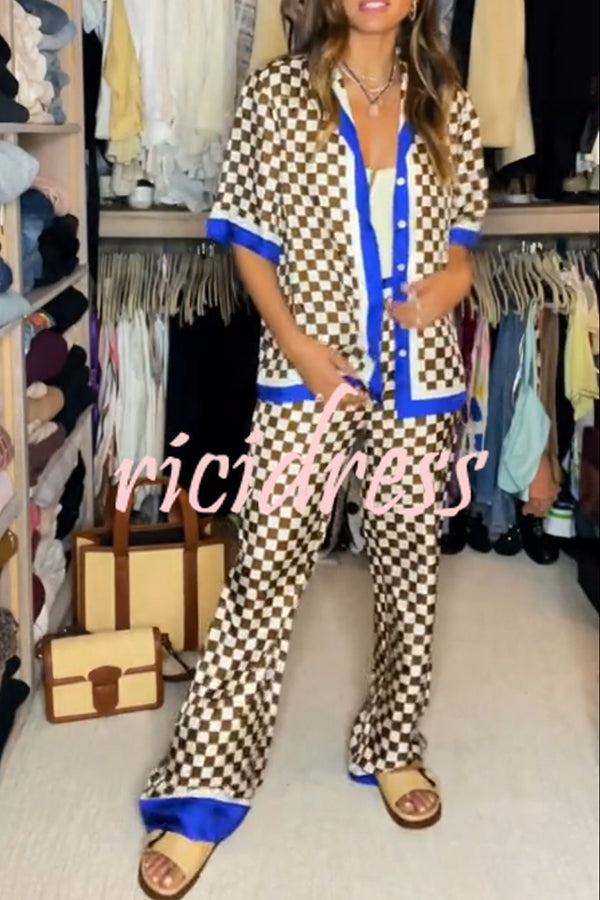 Olivia Satin Checkerboard Colorblock Print Shirt and Elastic Waist Pocketed Loose Pants Set