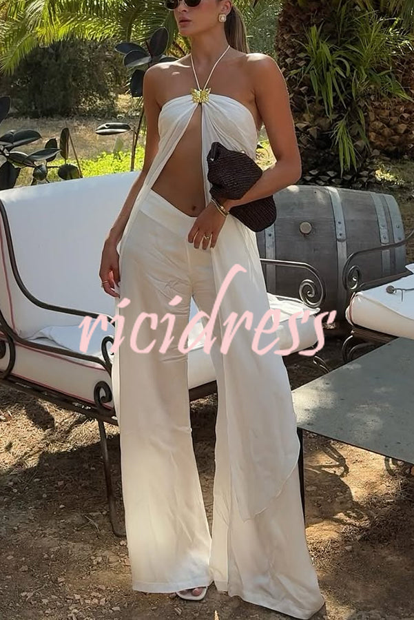 Lily Metal Flower Front Slit Halter Midi Top and V-waist Wide Leg Pants Set
