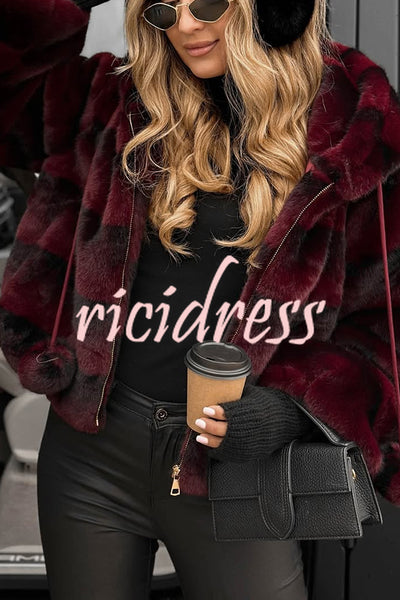 Winter Latte Gradient Print Ribbed Balloon Sleeve Hooded Loose Plush Coat