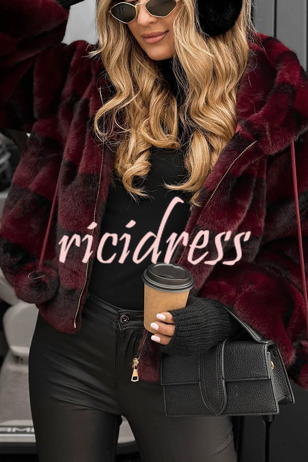 Winter Latte Gradient Print Ribbed Balloon Sleeve Hooded Loose Plush Coat