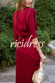 Satin Solid Color Round Neck Half Sleeve Waist Midi Dress