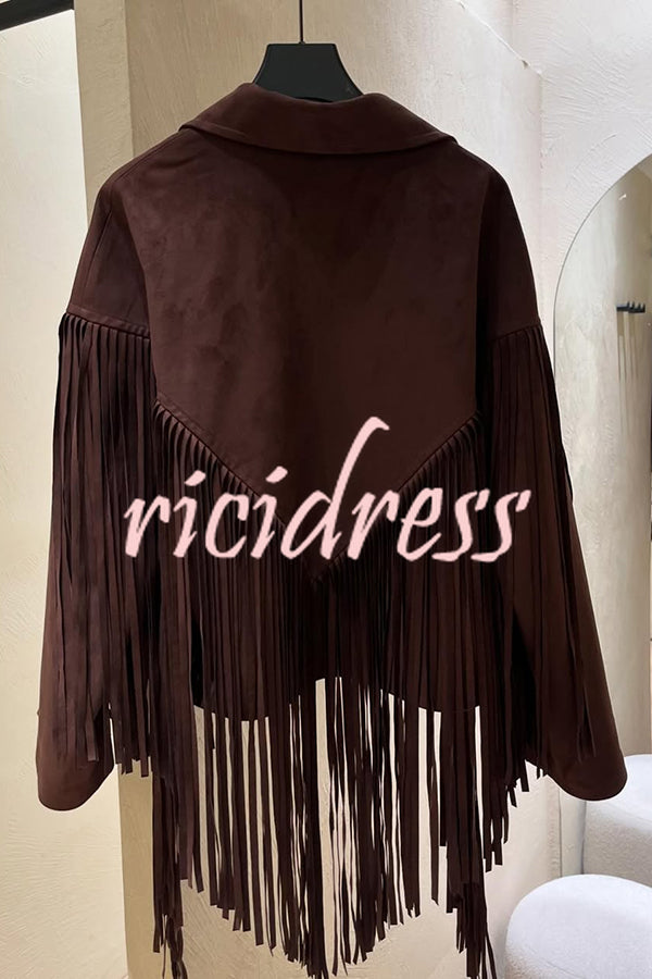Western City Suede Long Tassels Long Sleeve Lapel Relaxed Jacket