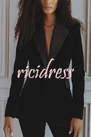 Delicate Daze Velvet Satin Lapel Button Up Long Sleeve Tapered Waist Blazer