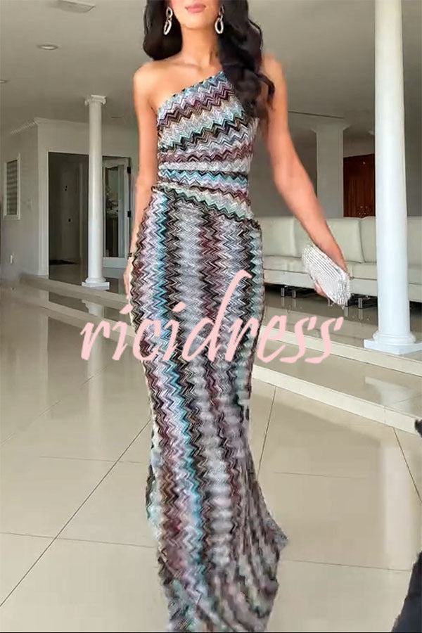 Cocktails and Vacation Knit Colorful Zigzag Pattern One Shoulder Slit Maxi Dress