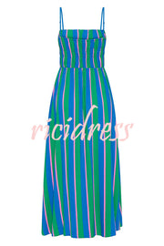 Gigi Linen Blend Stripe Elastic Bodice Pocket Loose Midi Dress