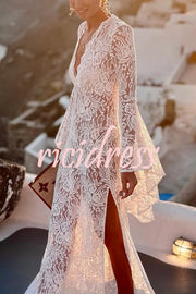 Dream Love Floral Lace Bell Sleeve V-neck Slit Maxi Dress