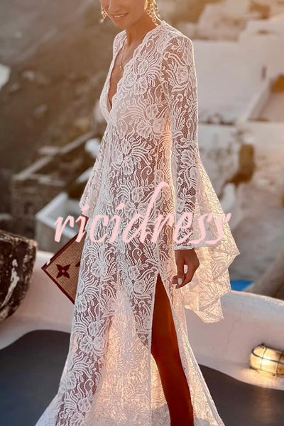 Dream Love Floral Lace Bell Sleeve V-neck Slit Maxi Dress