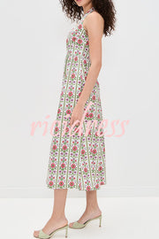 Summer Event Linen Blend Floral Pocketed Halter Maxi Dress