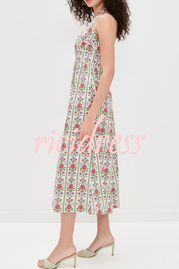 Summer Event Linen Blend Floral Pocketed Halter Maxi Dress