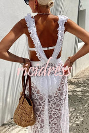 Swimsuit Partner Floral Lace Elastic Waist Back Ruffles Slit Vacation Dress