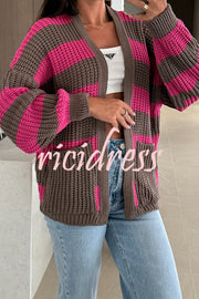 Fashionable Patchwork Striped Casual Pocket Knitted Sweater
