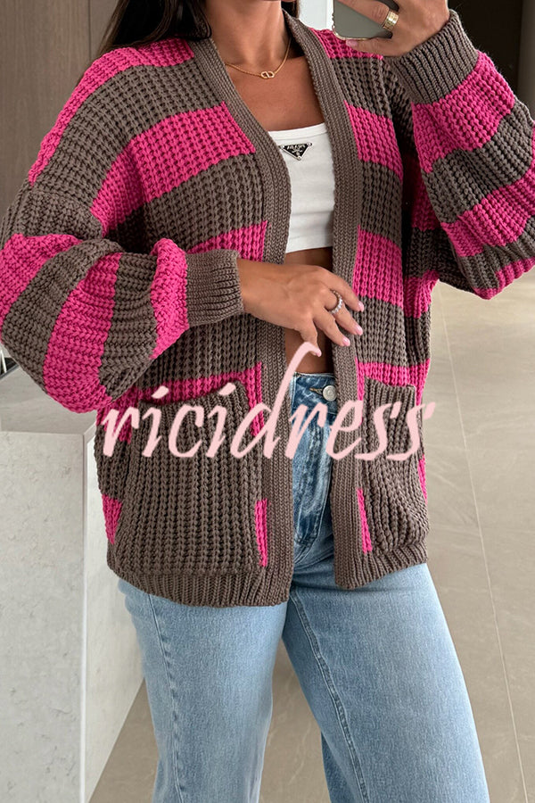 Fashionable Patchwork Striped Casual Pocket Knitted Sweater