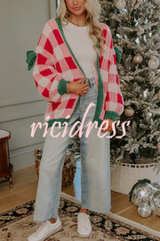 Holiday Cozy Checkered Knit Color-blocked Plaid Bow Long-sleeved Cardigan