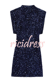 Fashionable Sequined Round Neck Sleeveless Slim-fit Mini Dress