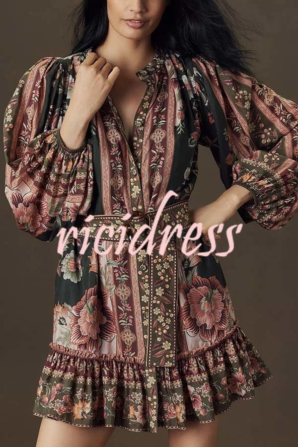 Brazilian Style Unique Floral Print Puff Sleeve Belted Pleated Hem Mini Dress