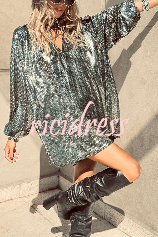 Party Queen Glitter Fabric V-neck Balloon Sleeve Loose Mini Dress