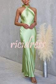 Satin Fashion Halter Backless Slim Elegant Maxi Dress