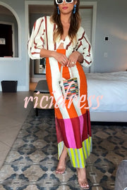 Kaya Linen Blend Color Block Print Front Cutout Knot Puff Sleeve Maxi Dress