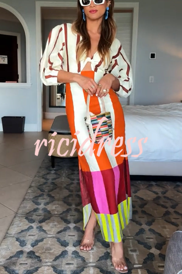Kaya Linen Blend Color Block Print Front Cutout Knot Puff Sleeve Maxi Dress