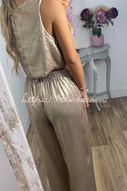 Rita Metallic Fabric Back Buttons Crop Tank and Elastic Waist Pocketed Wide Leg Pants Set