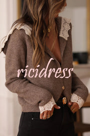 Fashionable Lace-trimmed Sailor Collar Casual Knit Cardigan
