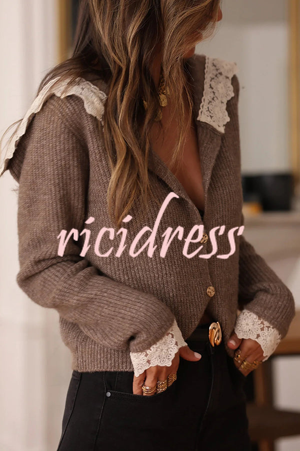 Fashionable Lace-trimmed Sailor Collar Casual Knit Cardigan