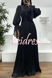 Ellah Shiny Fabric Chinese Stand Collar Twist Waist Balloon Sleeve Maxi Dress
