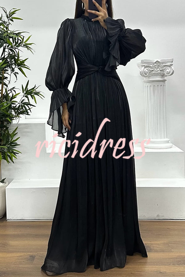 Ellah Shiny Fabric Chinese Stand Collar Twist Waist Balloon Sleeve Maxi Dress