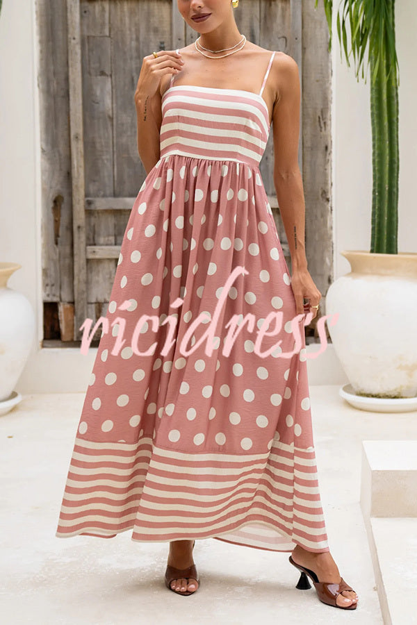 Striped Polka-dot Print Sling Pleated Open-back Maxi Dress