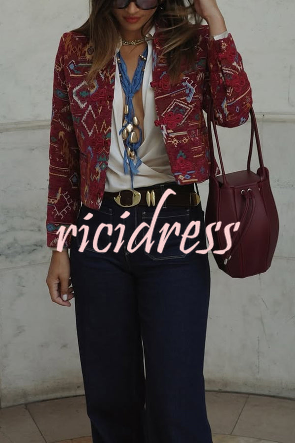 Vintage Bohemian Printed Chinese Style Buttons Long Sleeve Crop Jacket