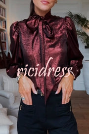 Ariella Metallic Satin Fabric Tie-up Bow Neck Long Sleeve Blouse