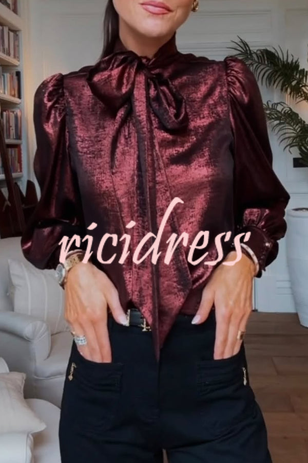 Ariella Metallic Satin Fabric Tie-up Bow Neck Long Sleeve Blouse