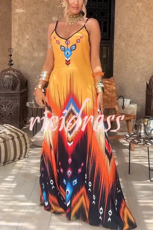 Unique Printed Suspender V-neck Loose Maxi Dress