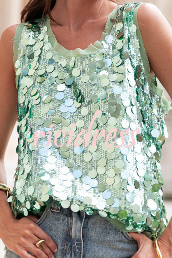 Fashionable Sequined Round Neck Sleeveless Loose Vest