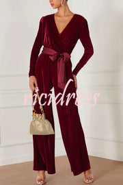 Love One Another Velvet Bow Belted Pocket Cutout Back Loose Jumpsuit