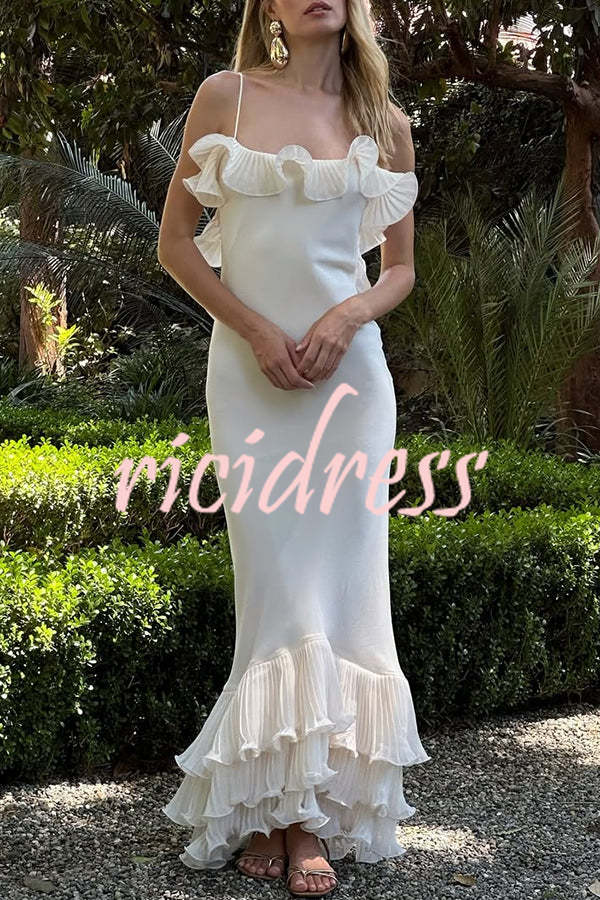 Alisin Pleated Chiffon Wavy Ruffles Trim Slip Maxi Dress