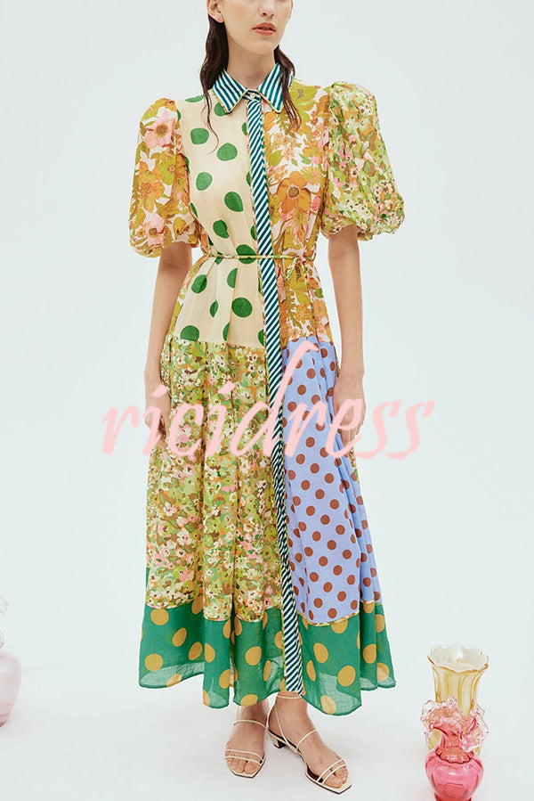 Linen Blend Unique Print Lapel Puff Sleeve Casual Midi Dress