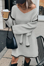 Stylish Loose-fitting Long-sleeved Tie-waist Knit Mini Dress