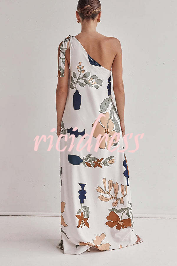 Matches The Vacation Unique Print One Shoulder Tie-up Pocketed Loose Maxi Dress