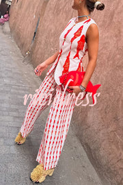 Good Luck Linen Blend Koi Pattern High Rise Elastic Waist Loose Pants