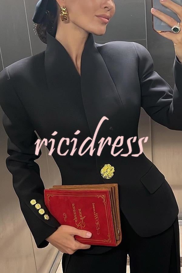 Classic Luxury Unique Metal Button Stand Collar Long Sleeve Blazer