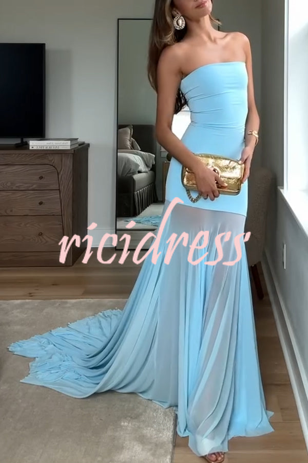 Blue Sky Off Shoulder Contrast Sheer Mesh Fabric Stretch Maxi Dress