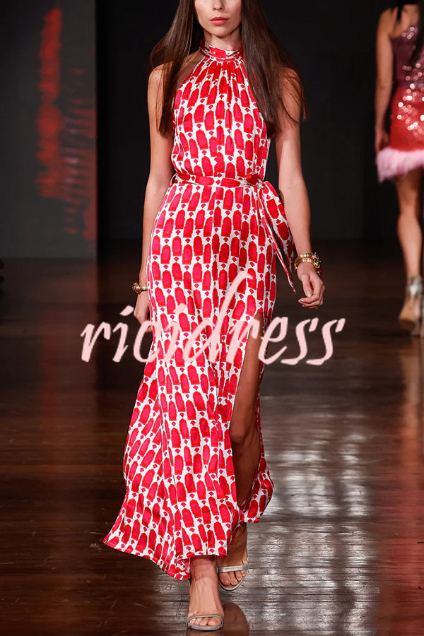 Unique Printed Sleeveless Halterneck Tie-waist Slit Maxi Dress