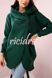 Solid Color Loose Hooded Zip-up Casual Sports Jacket
