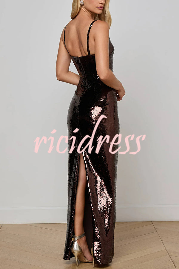 Dazzling Like Flowing Water Sequin V-neck Back Zipper Slit Maxi Dress
