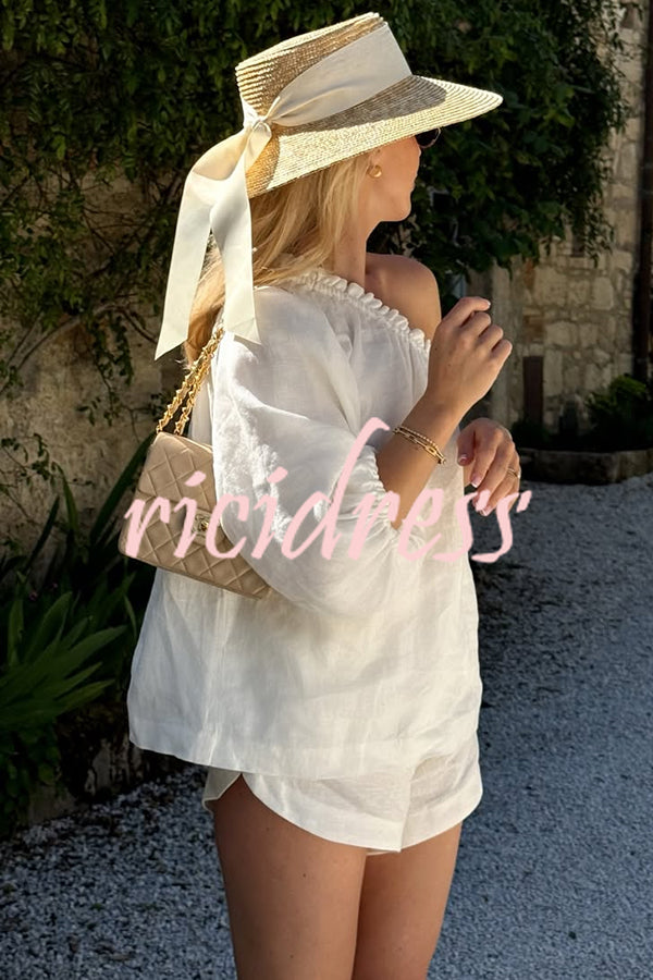 Chasing Comfort Linen Blend One Shoulder Top and Elastic Waist Pocket Shorts Set