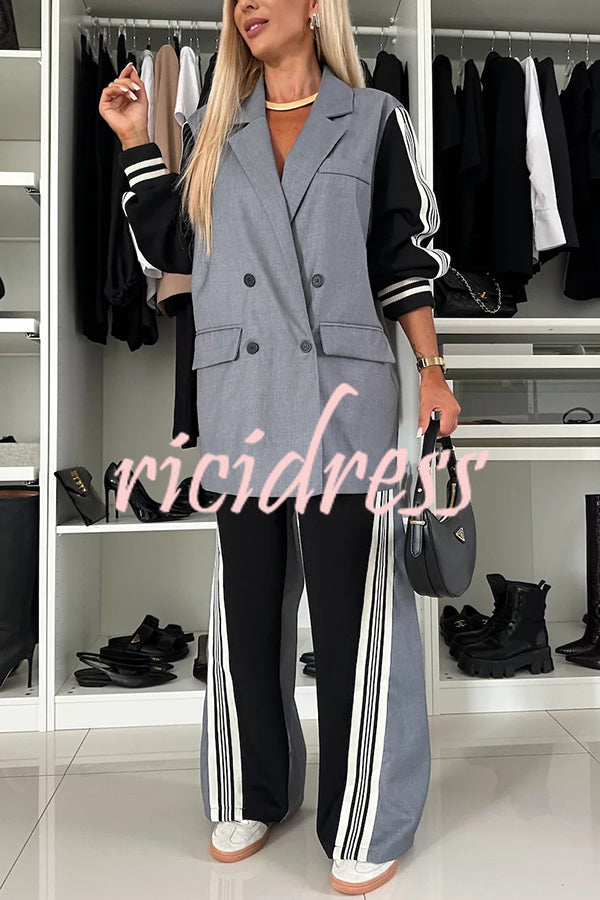 Pleasant Breathe Sweatshirt Patchwork Oversized Blazer and Elastic Waist Pocket Loose Pants Set