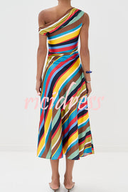 Sunkissed Satin Colourful Stripe Print One Shoulder Midi Dress