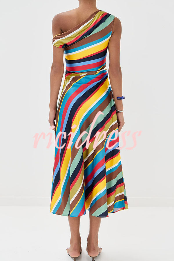 Sunkissed Satin Colourful Stripe Print One Shoulder Midi Dress